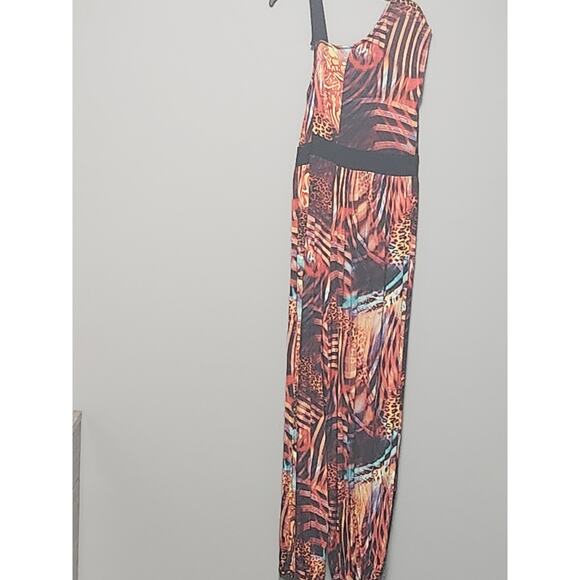 Monif C Jumpsuit Women's 2 Red Black One Sleeve Flared Legs Harem Vibrant Safari - Picture 2 of 7